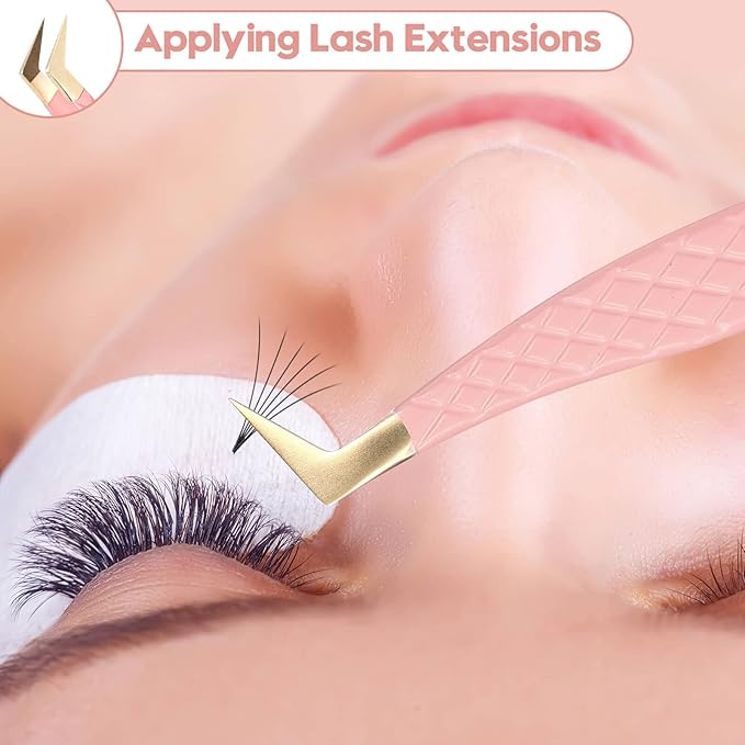 Ms.Queen Fiber Tip Lash Tweezers,Diamond Grip L-Shape Volume Boot Tweezers for Mega Volume Mink Lashes Make Fans