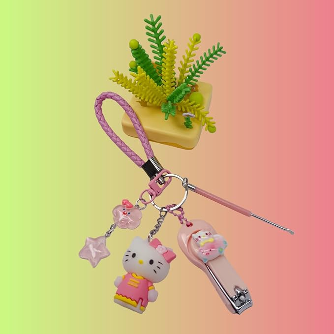 Cute Keychain with Nail Clipper Ear Pick for Women Girls Cute Key Chain Wristlet Cartoon Keychain Lanyard