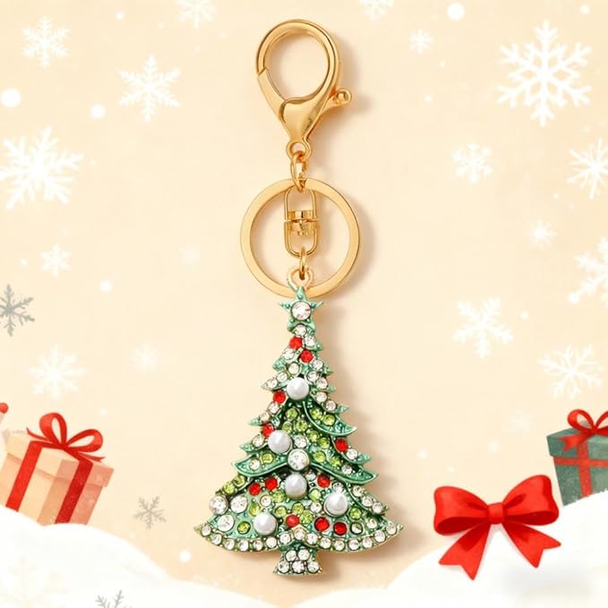 Dreuyet Christmas Keychain Rhinestone Crystal Christmas Tree Santa Purse Bag Handbags Charms for Women Lady Friends