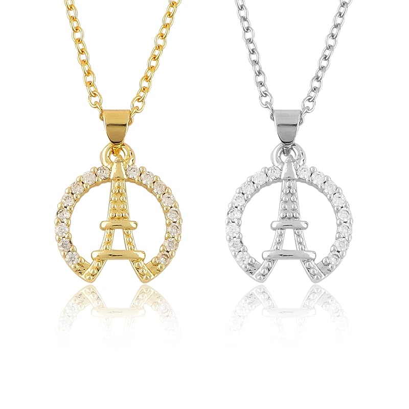 JOR Eiffel Tower Charm Pendant Necklace, Relationship Goal, CZ, Women Jewelry, Dainty Gold & Silver Plated Combo Chain 18 inch (Pack of 2)