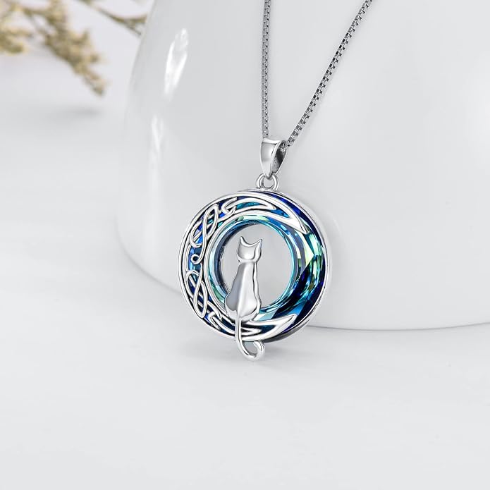 TOUPOP Cat Gifts for Cat Lovers One Two Three Four Cats Necklace Sterling Silver Cats on the Moon Pendant Necklace with Blue Circle Crystal Birthday Christmas Celtic Jewelry Gifts for Women