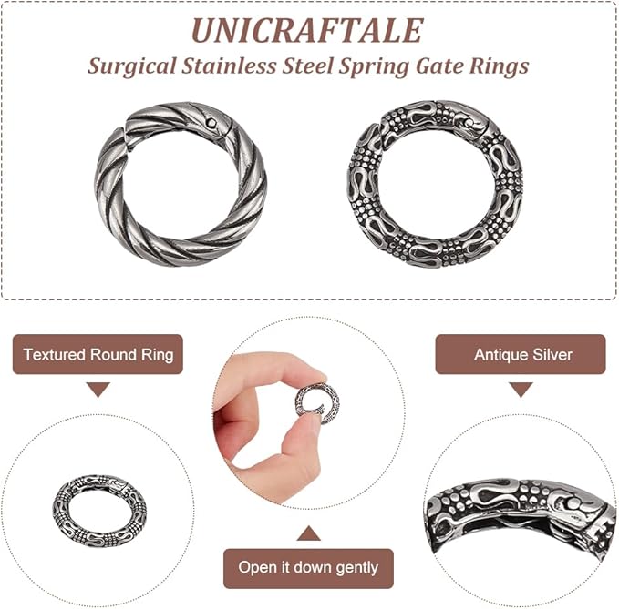 UNICRAFTALE 2pcs 2 Styles Tibetan Style Spring Gate Rings Antique Silver Stainless Steel Textured Snap Clasps 19/22mm O Ring Clips Snap Hooks Keyring Buckle Clasps for Bag Purse Shoulder Strap