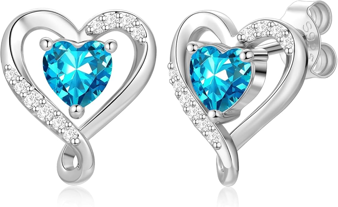 Zifeel Earrings for Women, S925 Sterling Silver Rose Gold Birthstone Heart Studs Earring for Girlfriend Wife, Anniversary Birthday Christmas Valentines Mothers Day Gifts Jewelry for Women Wife Her Mom