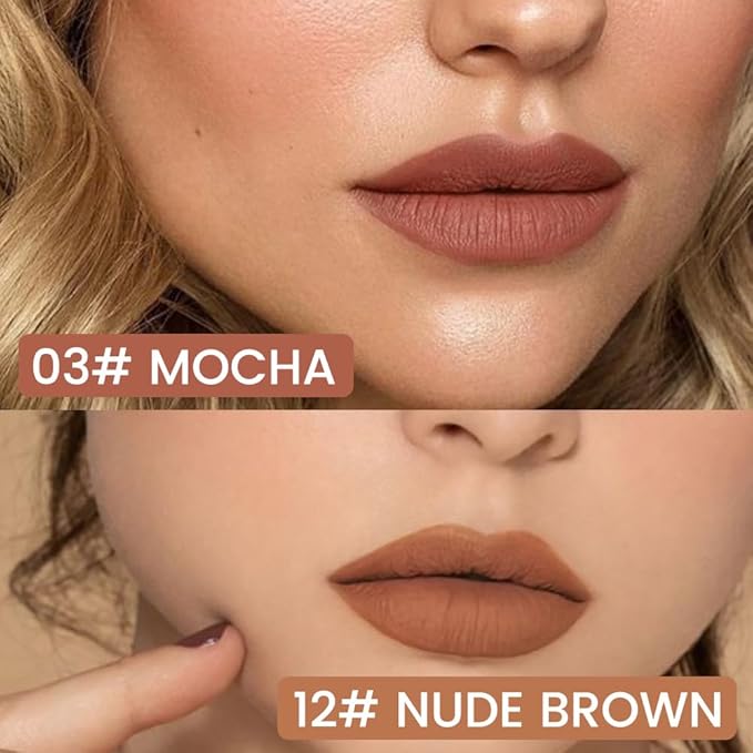 2Pcs Longwear Liquid Lip Liner Stain Marker Pen Set Long Lasting Waterproof, Mocha Nude Brown Matte Semi Permanent 24 Hour Lip Liner and Lipstick Combo, Color Stay Lipliner All Day Lip Stains peel off