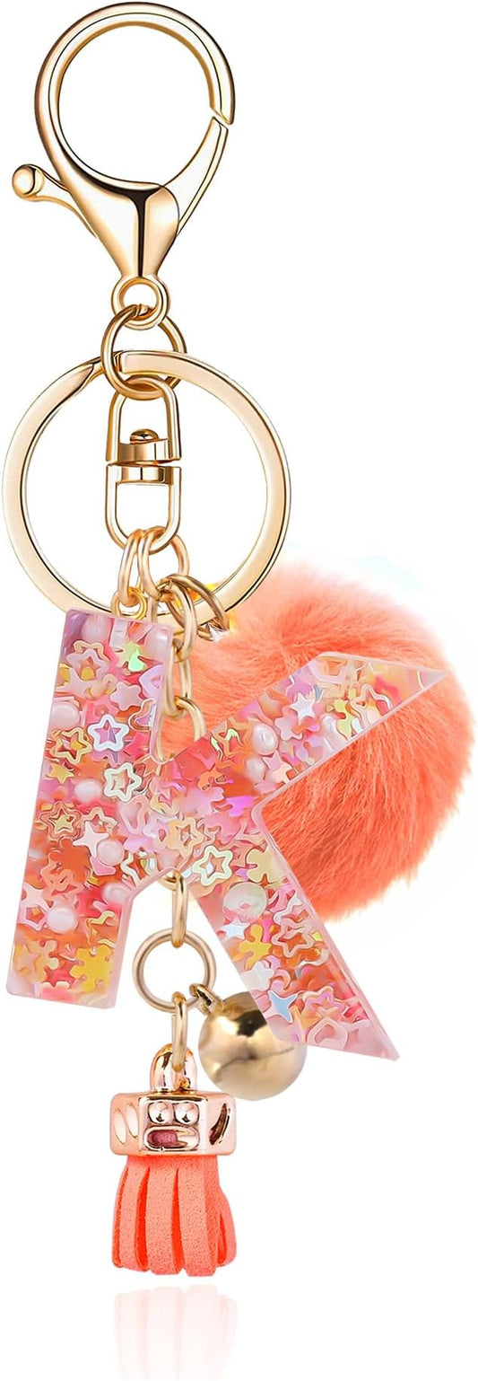 Resin Alphabet Initial Letter Keychain Keyring for Women Purse Handbags With Fur Ball Pom