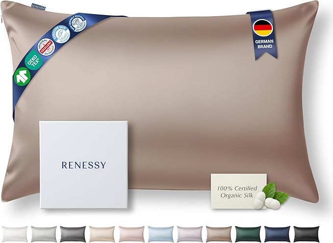 RENESSY Premium Silk Pillowcase 100% Organic Mulberry Silk, 22 Momme, Grade 6A - Oeko-Tex Certified in Germany - Luxury for Hair & Skin, 1 Piece (King Size 20x36 Inches, Warm Taupe)