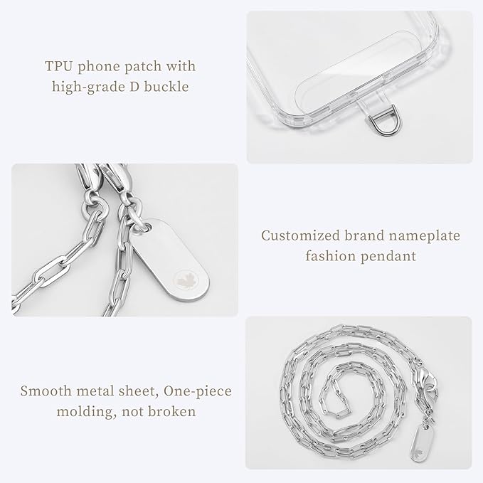 UKON Phone Chain Crossbody Cellphone Lanyard Fashion Phone Strap Lightweight Crossbody lanyard with 2xTPU Tether Tab for Women Shopping Traveling Party（Silver）