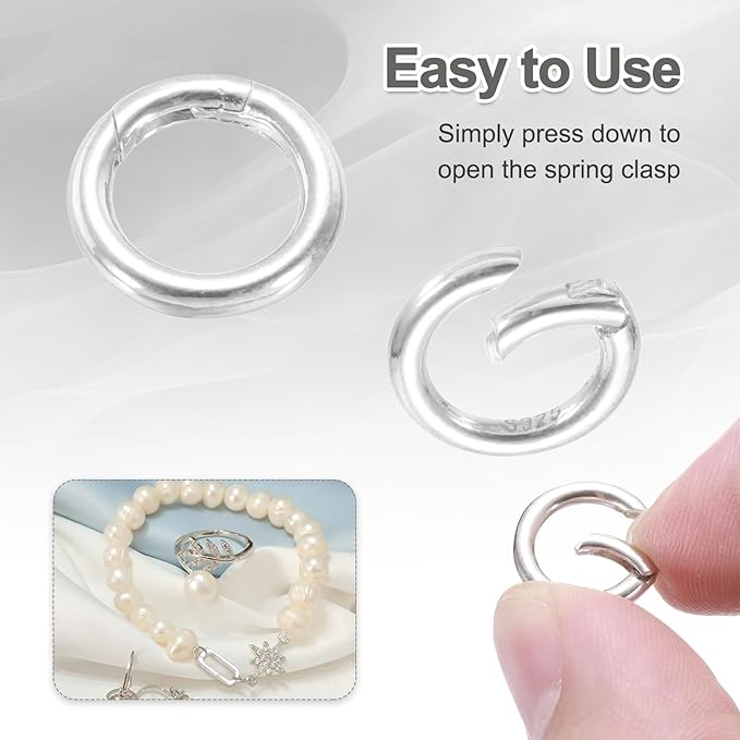 PATIKIL 13.6mm 925 Sterling Silver Spring Gate Rings, 2Pcs Round Spring Clasps Necklace Enhancer Shortener Closures Connector for Jewelry Making Necklaces DIY, Silver Tone