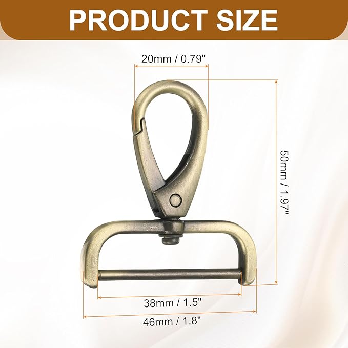HARFINGTON 2Pcs Detachable Snap Hook Swivel Clasp 1 1/2" D Ring with Swivel Lobster Claw Clasps Hook for Purse Strap Keychain Bag DIY Craft, Brass