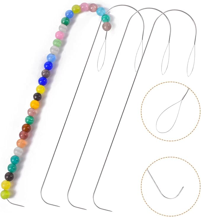 4 Large Eye Curved Bead Embellishment Needles, 5.3 inch Stainless Steel Bead Spinning Needle with Handle, Used for Automatic Beading Machine, Waist Bead Bracelet Necklace DIY Manual Bead Making