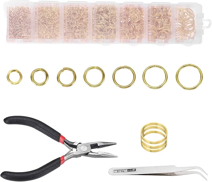 MECCANIXITY 1170Pcs Jump Rings for Jewelry Making, 7 Sizes Jewelry Making Kit with Jump Ring Opener & Pliers for Keychains Earings Repairing DIY Crafting Gold