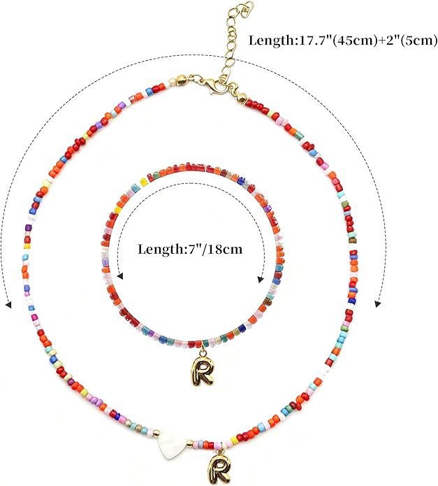 I IHAYNER Colorful Beaded Initial Necklace and Bracelet Set for Girls Personalized Letter Jewelry Gifts Trendy Choker Necklace Matching Bracelet Birthday Friendship Gift