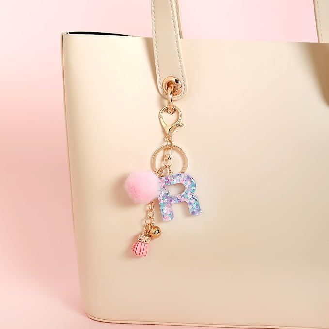 Resin Alphabet Initial Letter Keychain Keyring for Women Purse Handbags With Fur Ball Pom