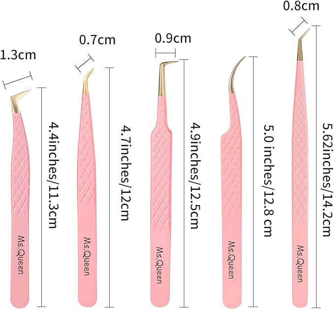 Ms.Queen Lash Tweezers for Eyelash Extensions,5Pcs Precision Fiber Tip Grip Curved 45 90 Degree Boot volume Tweezers Set