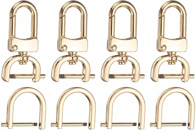 HARFINGTON 4pcs Detachable Snap Hook Swivel Clasp 3/4" (20mm) Zinc Alloy Lobster Claw Clasp with 4pcs D-Rings Screw in Shackle for Keychain Lanyard Purse DIY Purse Strap, Light Gold