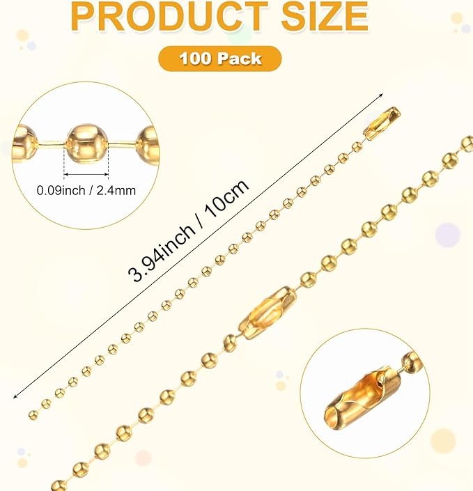 M METERXITY 100-Pack Ball Beads Chain, 4 in Metal Beaded Necklace Adjustable Keychain with Connectors for Jewelry Making/DIY Crafts/Hanging Decoration, Dog Tag Chain [Gold]