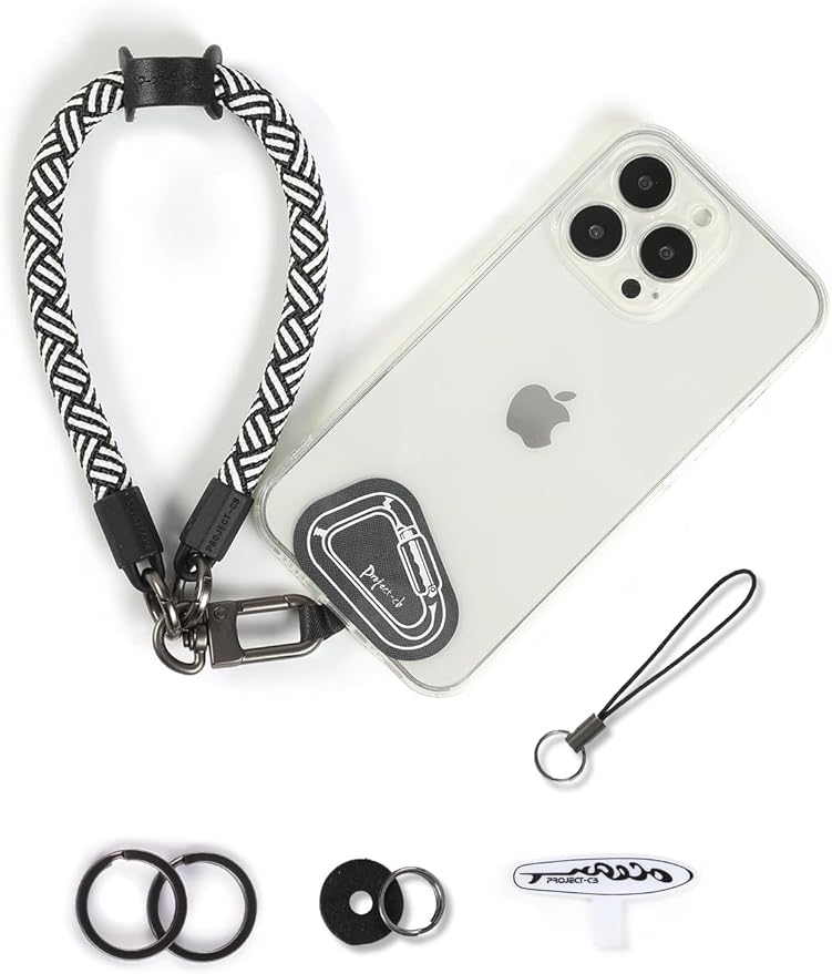 project-cb Hand Wrist Phone Strap,Phone Lanyard Patch ×2,Cell Phone Case Holder,Wristlet Strap for Key,AirPods,Camera (White-Black, 15.7inch)