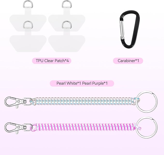 Doormoon Phone Lanyard Leash with 4 Patch, 2* Phone Tether, 4* Phone Tether Tab, 1* Carabiner for Climbing Outdoor Hiking Cycling Skiing Compatible for Smartphones Keys, PearlWhite; PearlPurple