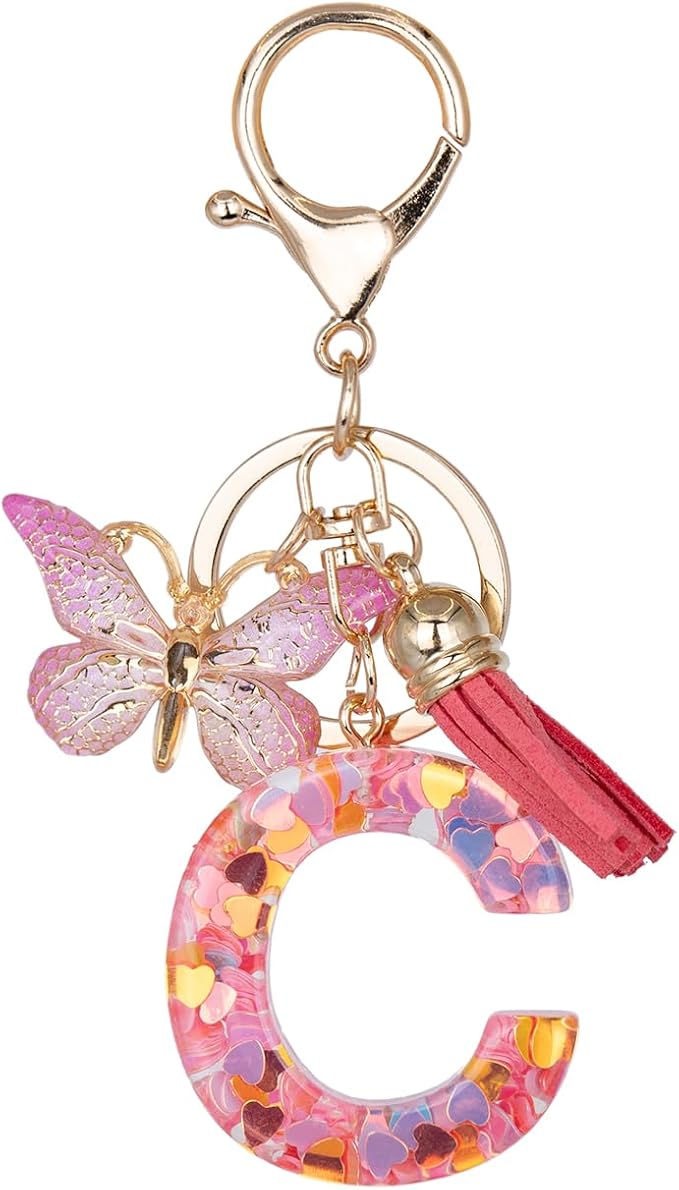 Initial Keychain Cute Pink Resin Letter and Butterfly Charms Keychains for Backpack Purses