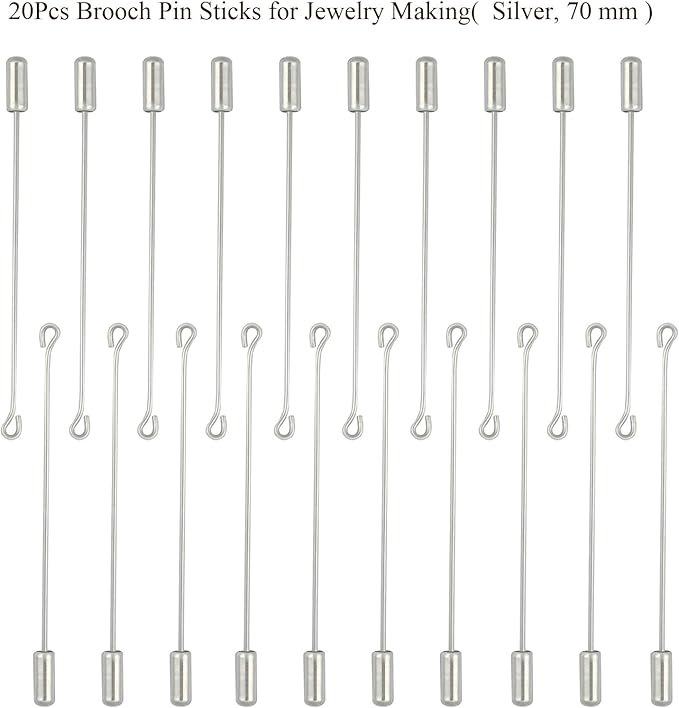 20Pcs Brooch Pin Stick for Jewelry Making, Silver Brooch Stick Pin 70 mm Long Lapel Brooch Metal Safety Pin Stick with Stopper Ends Hat Pin for Boutonniere Jewelry Making