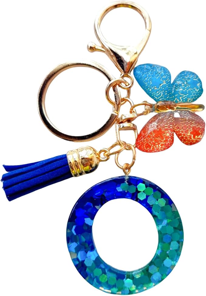 Cute Initial Letter Keychains for Women Girls Tassel Butterfly Pink Purple Green Keychain for Backpack School Bag