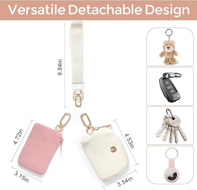 Dual Pouch Wristlet Keychain Wallet with 2 Wrist Straps - Small and Portable Mini Zipper Coin Purse Card Wallets for Women Men Gold Hardware Pink+Ivory