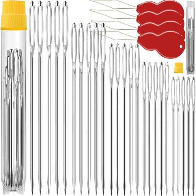 75 Pack Premium Large Eye Needles for Hand Sewing with 4 Needle Threaders, Assorted Sizes, Embroidery Needles for Hand Sewing, Sewing Needles Large Eye, Big Eye Needle
