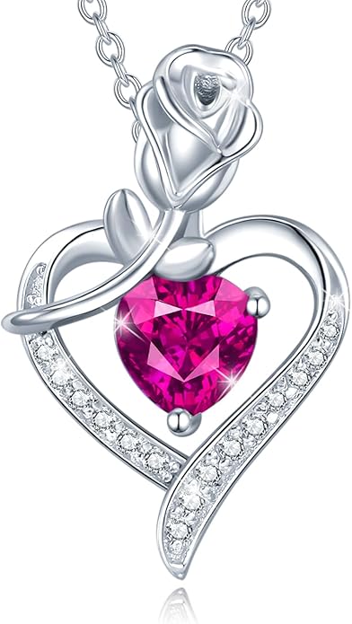AGVANA Christmas Gifts Rosy Reverie Birthstone Necklace for Women Sterling Silver Genuine or Created Gemstone Rose Flower Heart Pendant Necklace Anniversary Birthday Gifts for Women Mom Wife Her