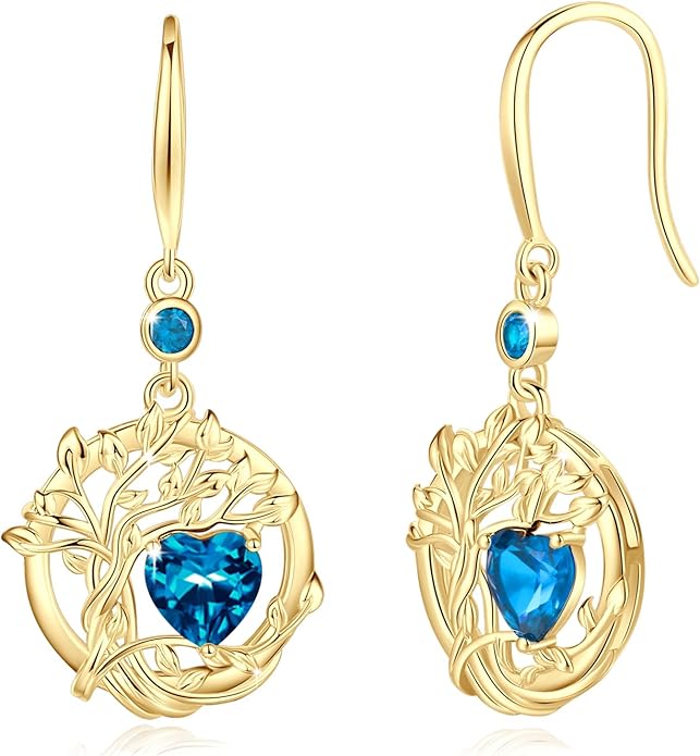 FANCIME Tree of Life Dangle Drop Earrings 925 Sterling Silver Dainty Round Gemstone Birthstone Earring Fine Jewelry Birthday Christmas Gifts for Her Women