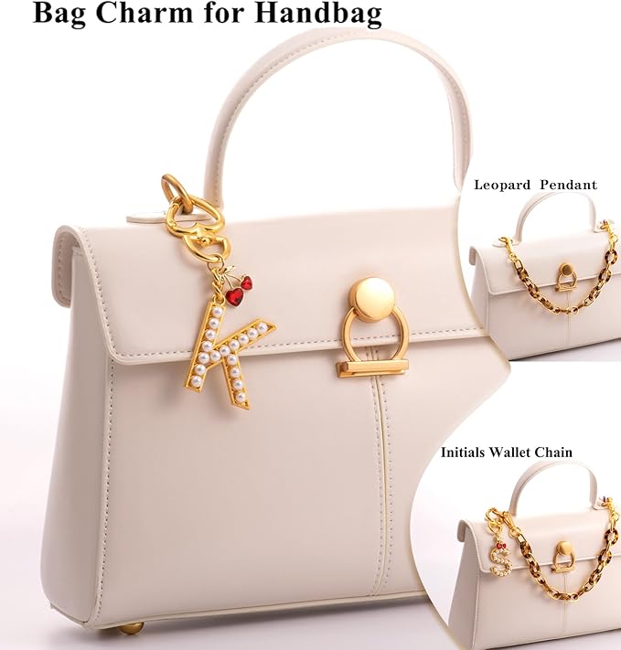 Pearl Initial Keychain with Leopard Bag Charms Wallet Chain Women Cute Alphabet Keychains Charm for Purse Handbag