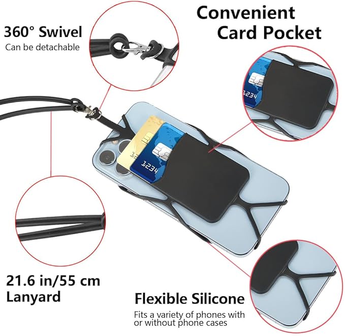 2 Packs Cell Phone Lanyard Crossbody Adjustable Neck Phone Holder with Card Pocket, Universal Silicone Neck Strap Phone Lanyards for Around the Neck Compatible with Most Smartphones