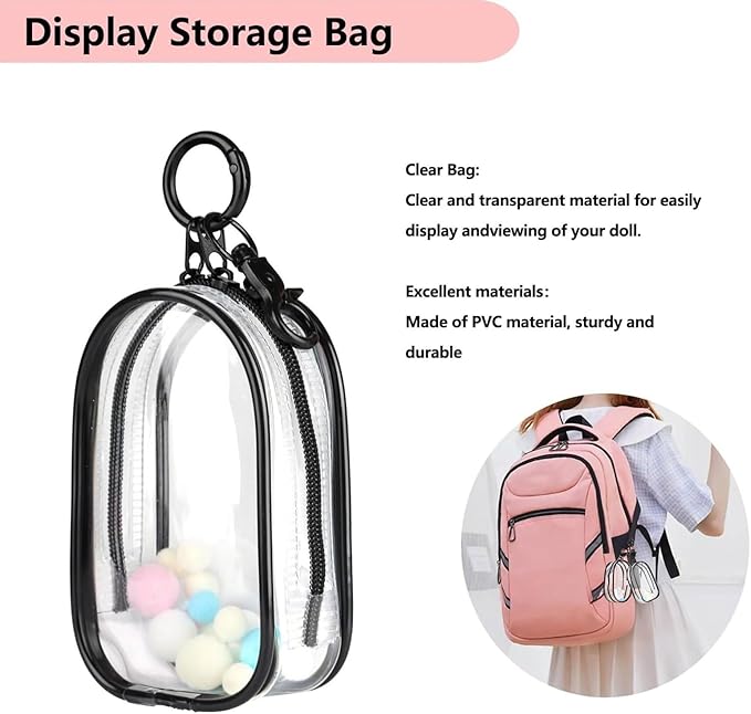 2PCS Clear Character Display Bag Mini Doll Hanging Box with Key Chain, Portable Zipper Closure Dust Guard Set Box - Semi-Circular (Black + Transparent)
