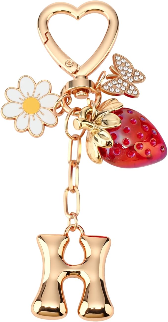 Strawberry Initial Keychain for Women-Cute Kawaii Gold Alphabet Bag Charms, Key chain Gift for Purse Handbag