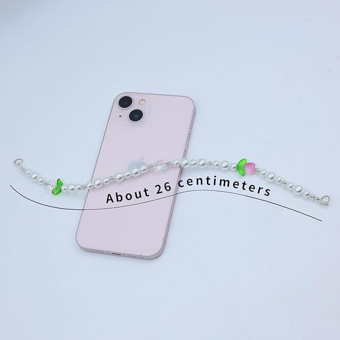 White Pearl Beaded Phone Bracelet wristlet,Cellphone Lanyard Charm Camera Wrist Strap with Pink and Blue Crystal Flowers, Green leaf, White and Pink