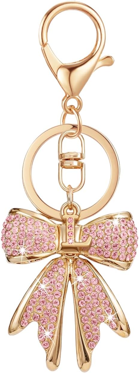 XGALBLA Sparkly Cute Initial Letter Rhinestone Bow Keychain for Women Gold Tone Bag Charms Coquette Aesthetic Purse Charms