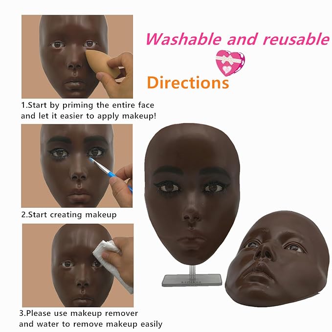 Lifelike Makeup Mannequin Face with Practice Board, Silicone Full Face Practice Eyelash Eye Shadow, for Emerging Makeup Artist, Girl's Gift, Reusable