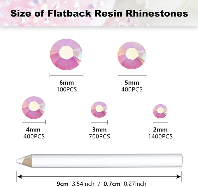 3000PCS Resin Flatback Rhinestone, 2mm 3mm 4mm 5mm 6mm Light Pink AB Flatback Jelly Resin Rhinestones for Tumblers, Mugs, Bottles, Craft Decoration, Loose Bling Glitter Gem Stone