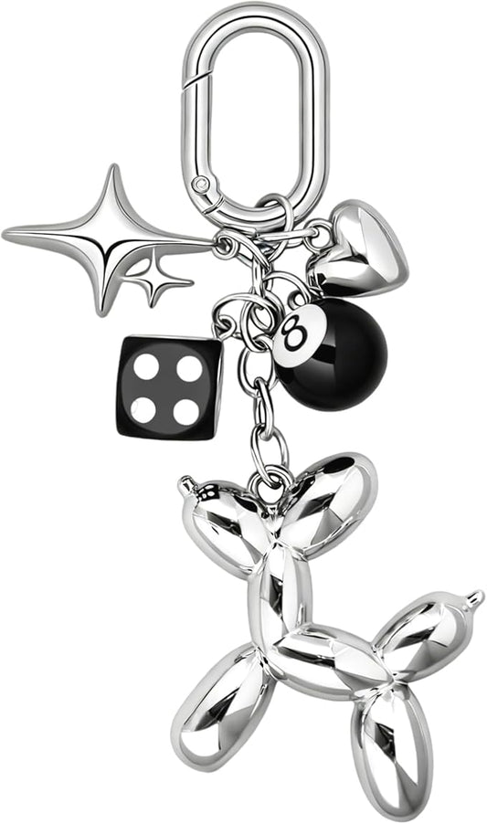 Silver Balloon Dog Keychain Silver Bag Charm Cute Y2K Keychain 8 Ball Dice Charm for Women Girls Aesthetic Charms Backpack Bag Purse Handbag Accessories
