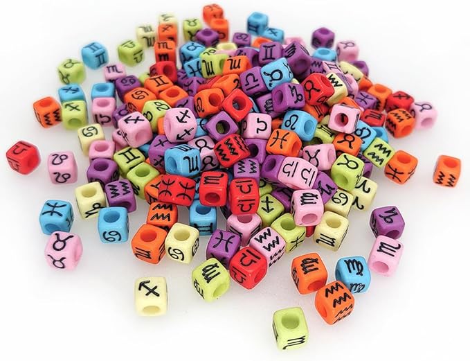 200+ Pieces 7x7mm Colorful Black Cube Acrylic Alphabet Zodiac Charms Constellation Beads Mixed Plastic Shape Loose Beads for Jewelry Making Bracelets Necklaces Key Chains (Black on Colorful Beads)