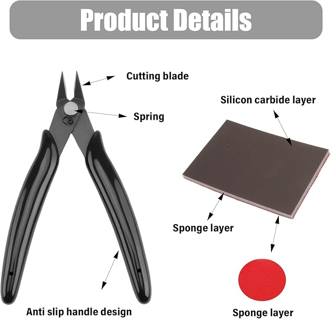 2 Pack Micro Flush Cutters, model clippers for Plastic Model kit and Jewelry Making, Wire Cutters with 2000 Grit Sanding Sponge for Smoothing Edges, Fit for 3D Printing and DIY Projects