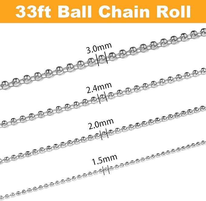 Jishi 33ft Ball Chain 2.4mm Silver Stainless Steel Bead Link Chain Roll for Beaded Dog Tag Necklace, Mens Military Jewelry Making Supplies, Pull Chain DIY Bracelets Keychain Craft - w/20#3 Connectors