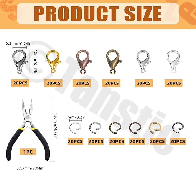 Tanstic 241Pcs 6 Colors Lobster Claw Clasps and Open Jump Rings Kit, 12mm Lobster Clasps, 5mm Jump Rings with Needle Nose Pliers for DIY Bracelet Necklace Jewelry Making