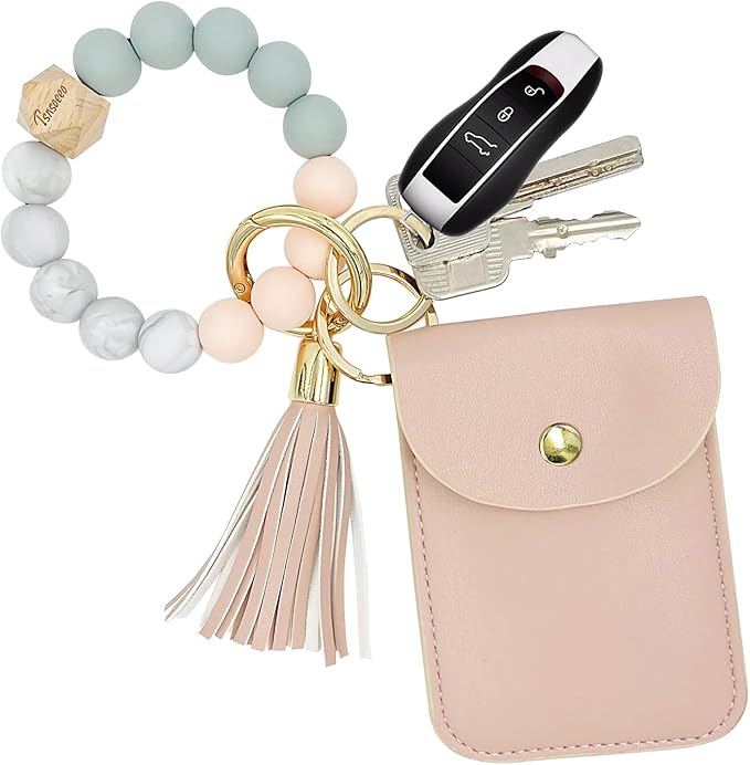 Keychain Wallet Wristlet Small Credit Card Holder Bracelet Key Chain Purse Bangle Tassel Beads Key Rings for Women