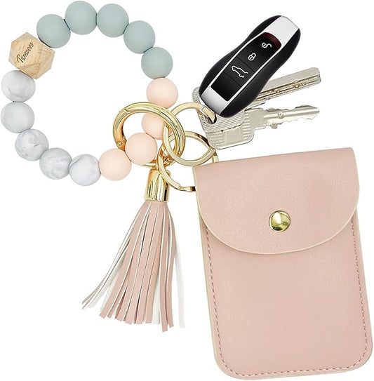 Keychain Wallet Wristlet Small Credit Card Holder Bracelet Key Chain Purse Bangle Tassel Beads Key Rings for Women