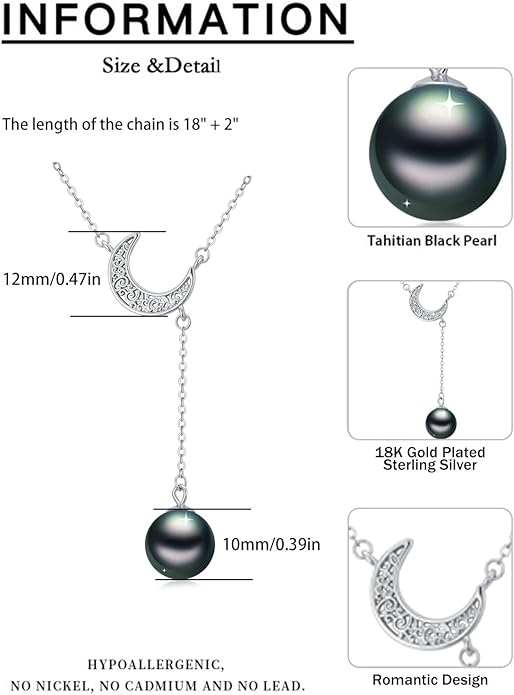 KANNSOAR Tahitian Black Pearl AAAA 18K White Gold Plated Sterling Silver Moon Pendant Y Necklace for Women Wife Mom Girlfriend Her Jewelry Gift for Anniversary Birthday