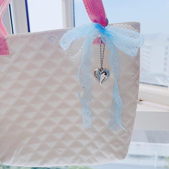 Pearl Bow Keychain Cute Y2k Lace Bowknot Keychain Coquette Aesthetic Accessories Bag Purse Handbag Backpack Charm