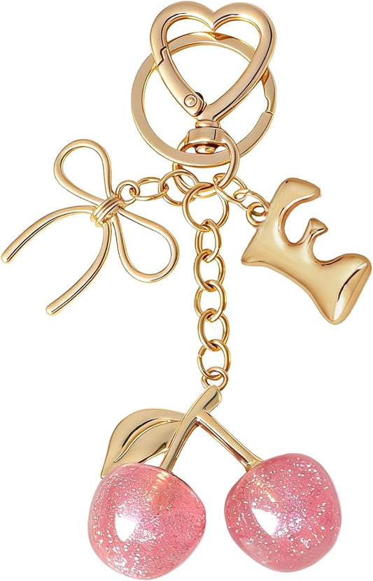 Snycler Bubble Initial Keychain with Cherry & Bow - Gold Letter Bag Charms for Women, Cute Purse Handbag Accessories