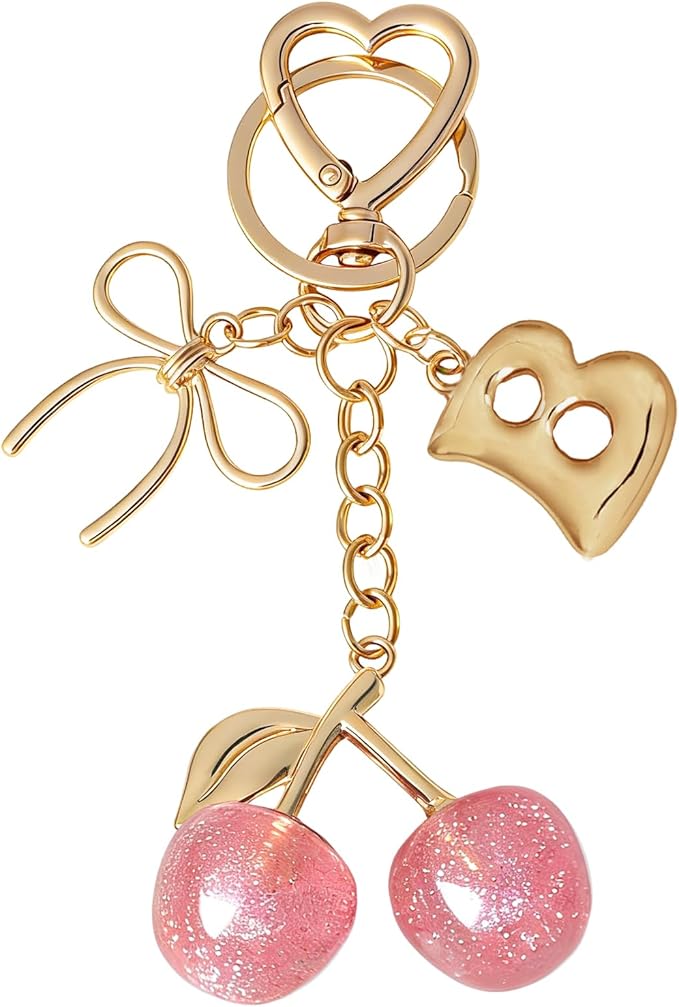 Snycler Bubble Initial Keychain with Cherry & Bow - Gold Letter Bag Charms for Women, Cute Purse Handbag Accessories