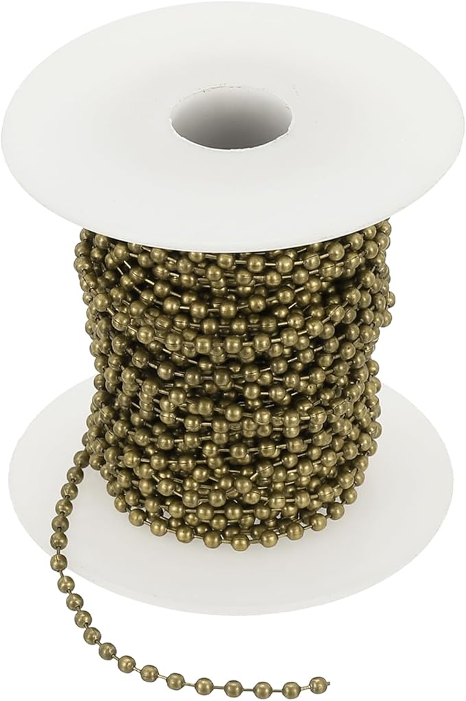 PATIKIL 10m/32.8ft Beaded Ball Chain, 2.4mm Stainless Steel Pull Chain Extension with 20 Pcs Connectors for Tag Chain, Keychain Rings, DIY Crafts, Bronze
