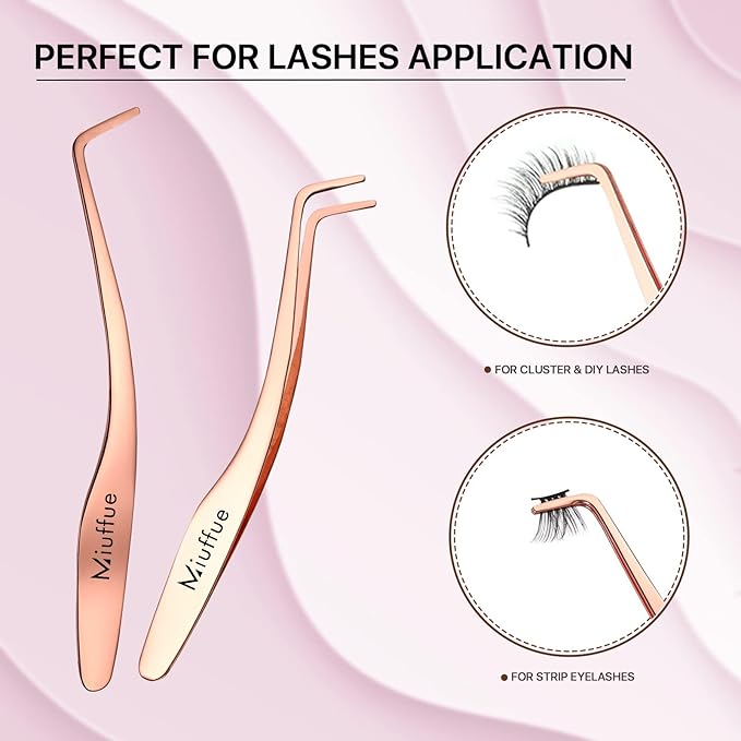 Miuffue False Eyelash Applicator DIY Lash Applicator Tool Stainless Steel Curved Eyelash Tweezers for Strip Lashes, Rose Gold